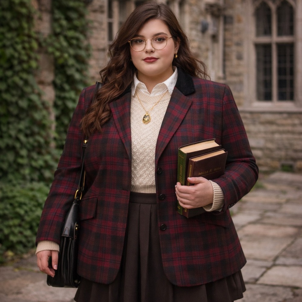 Vintage 90s Holiday Plaid Blazer‎ Women's 22W Dark Academia Tartan Velvet School